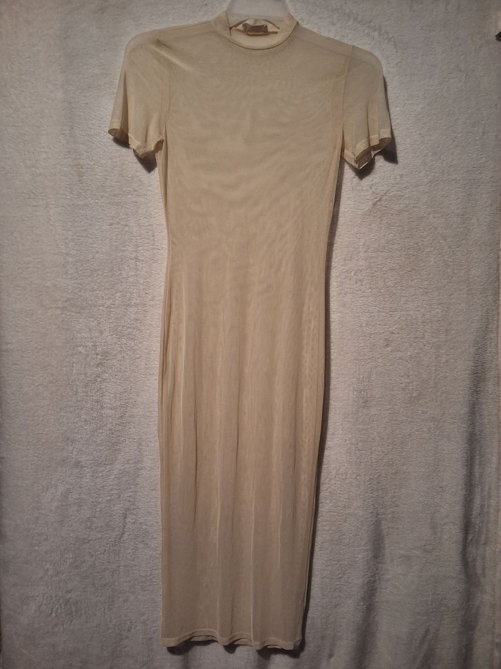 Beige Short-Sleeve Swim Sheer See Through Coverup Maxi Dress